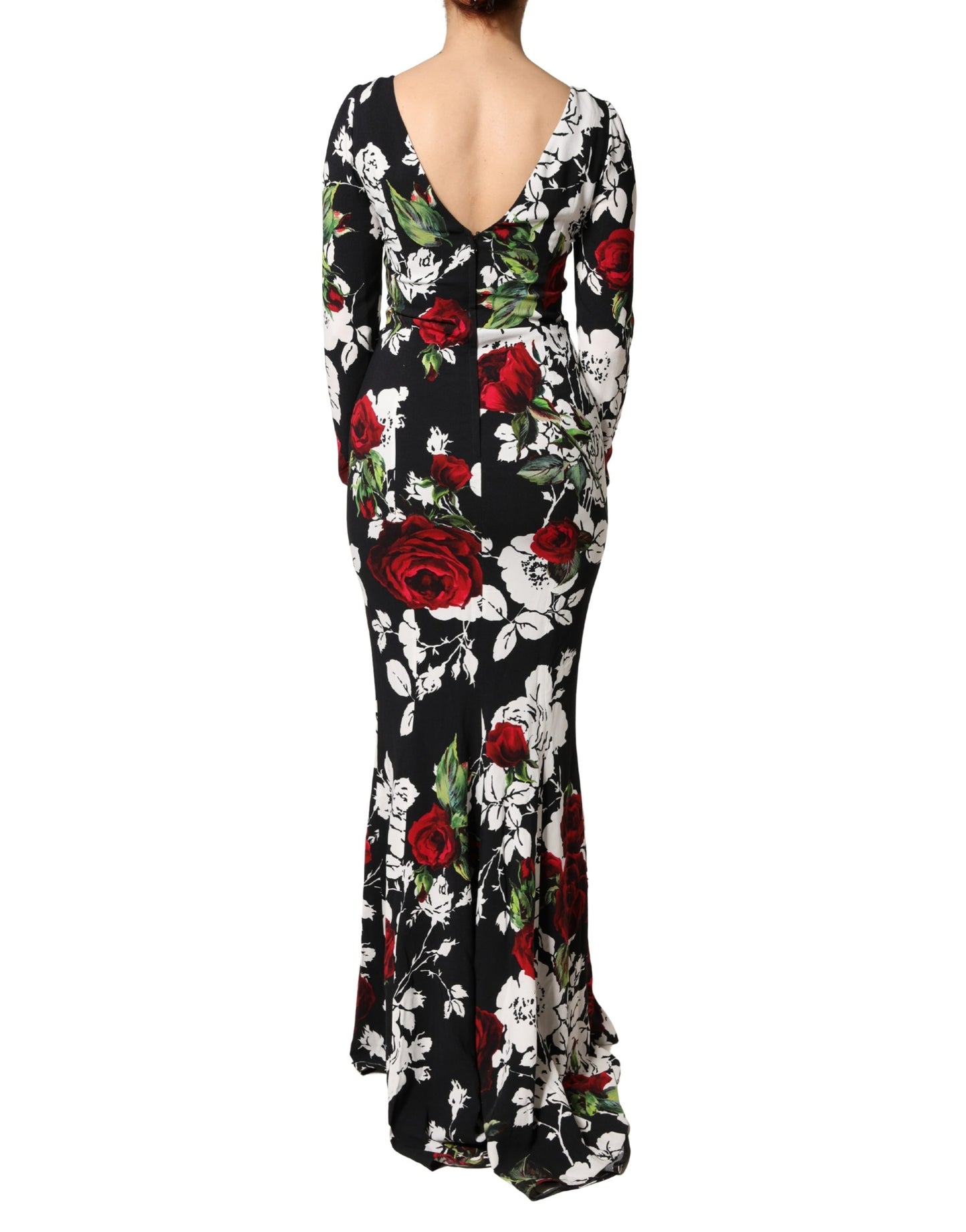 Dolce & Gabbana Black & Red Floral Silk Blend Bodycon Long Sleeved Gown Dress
