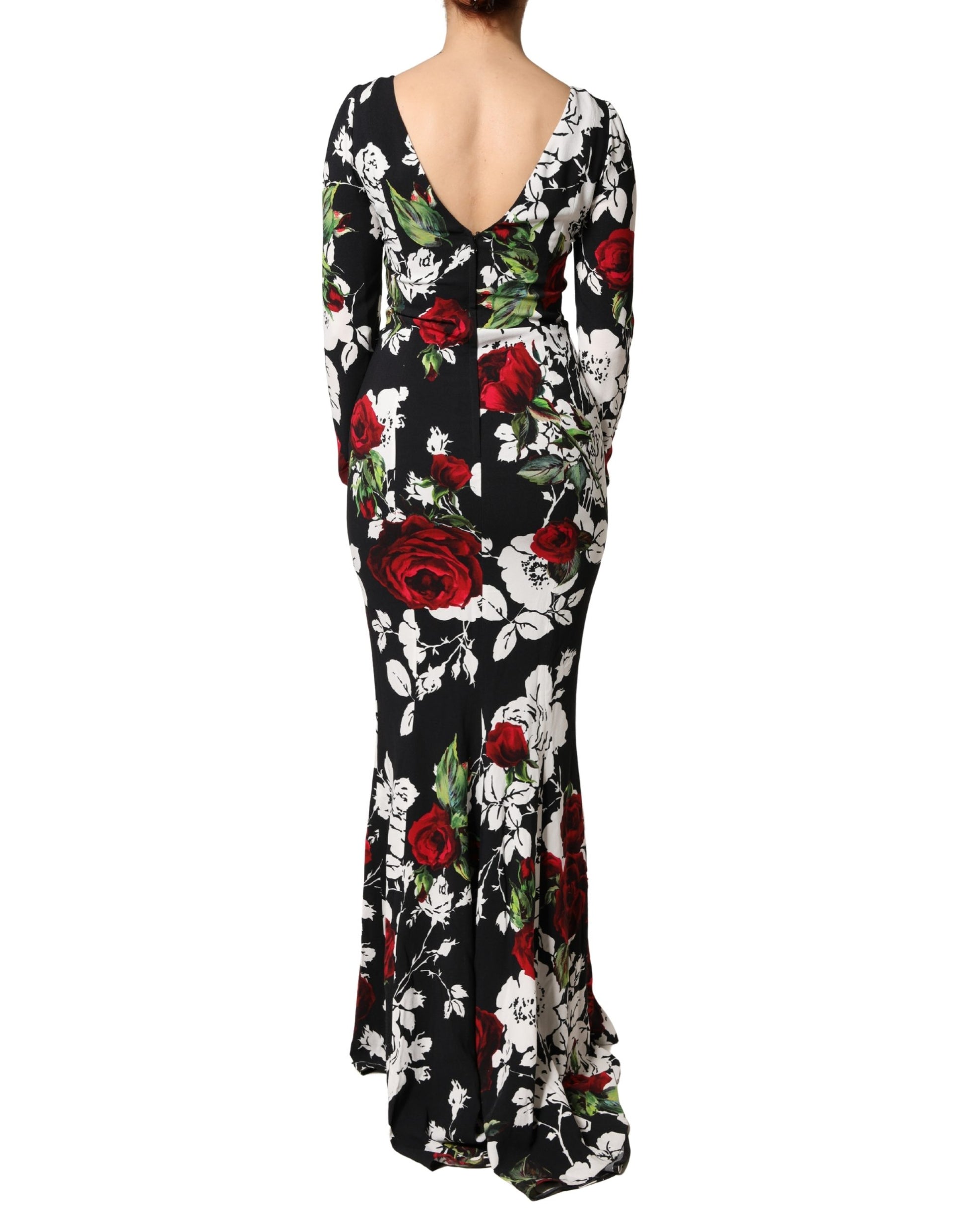 Dolce & Gabbana Black & Red Floral Silk Blend Bodycon Long Sleeved Gown Dress