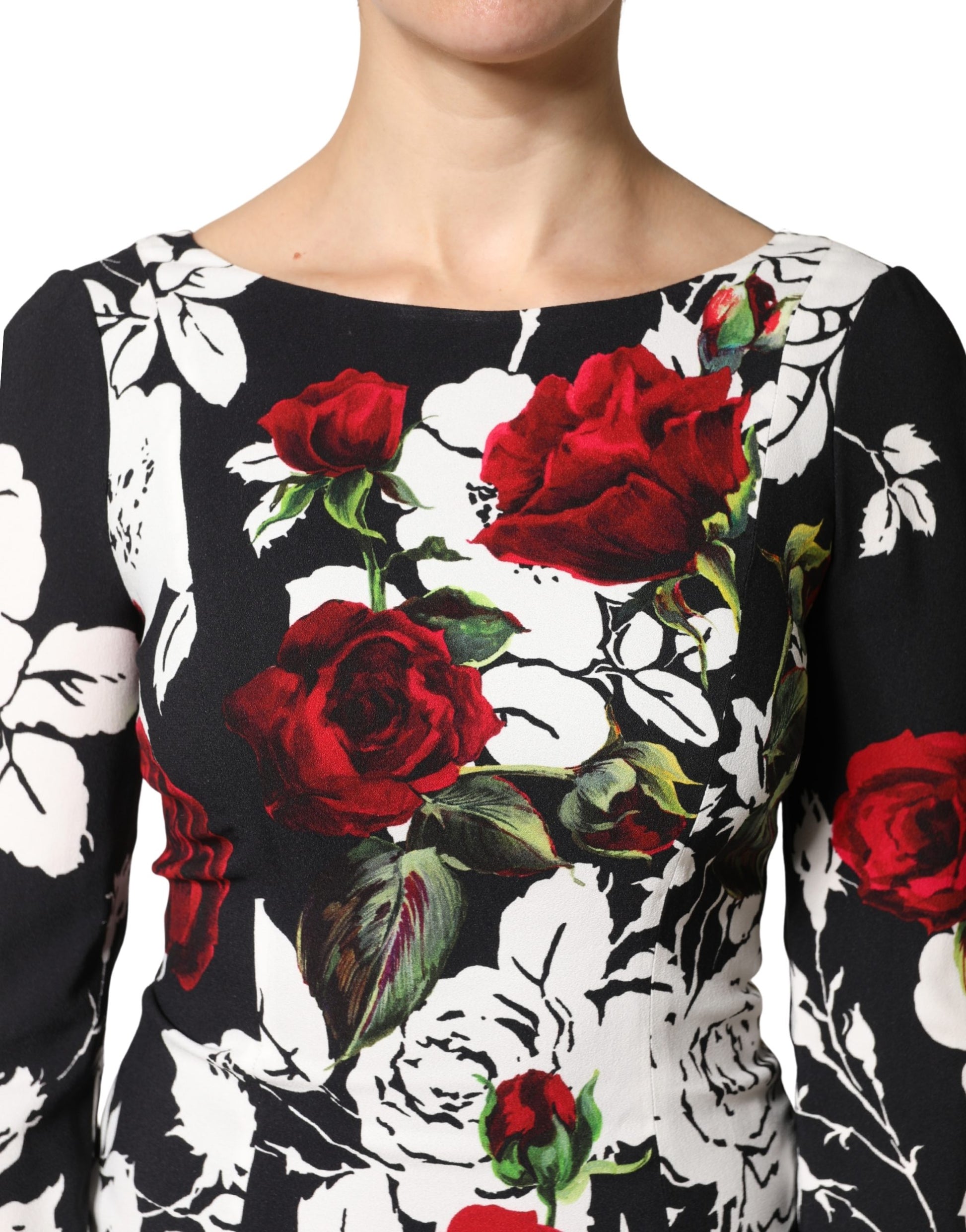 Dolce & Gabbana Black & Red Floral Silk Blend Bodycon Long Sleeved Gown Dress