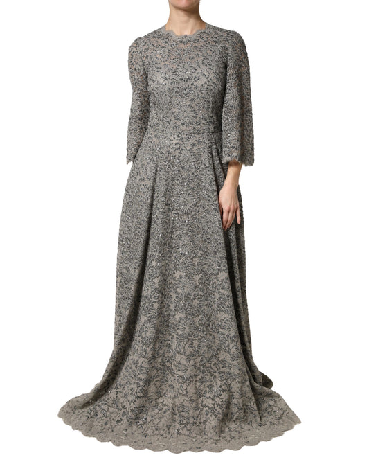 Dolce & Gabbana Grey Lace Long Sleeves Sequin Gown