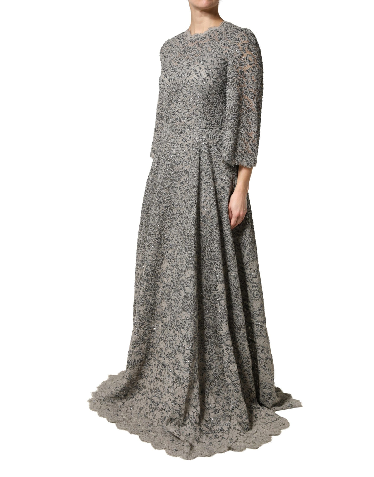 Dolce & Gabbana Grey Lace Long Sleeves Sequin Gown