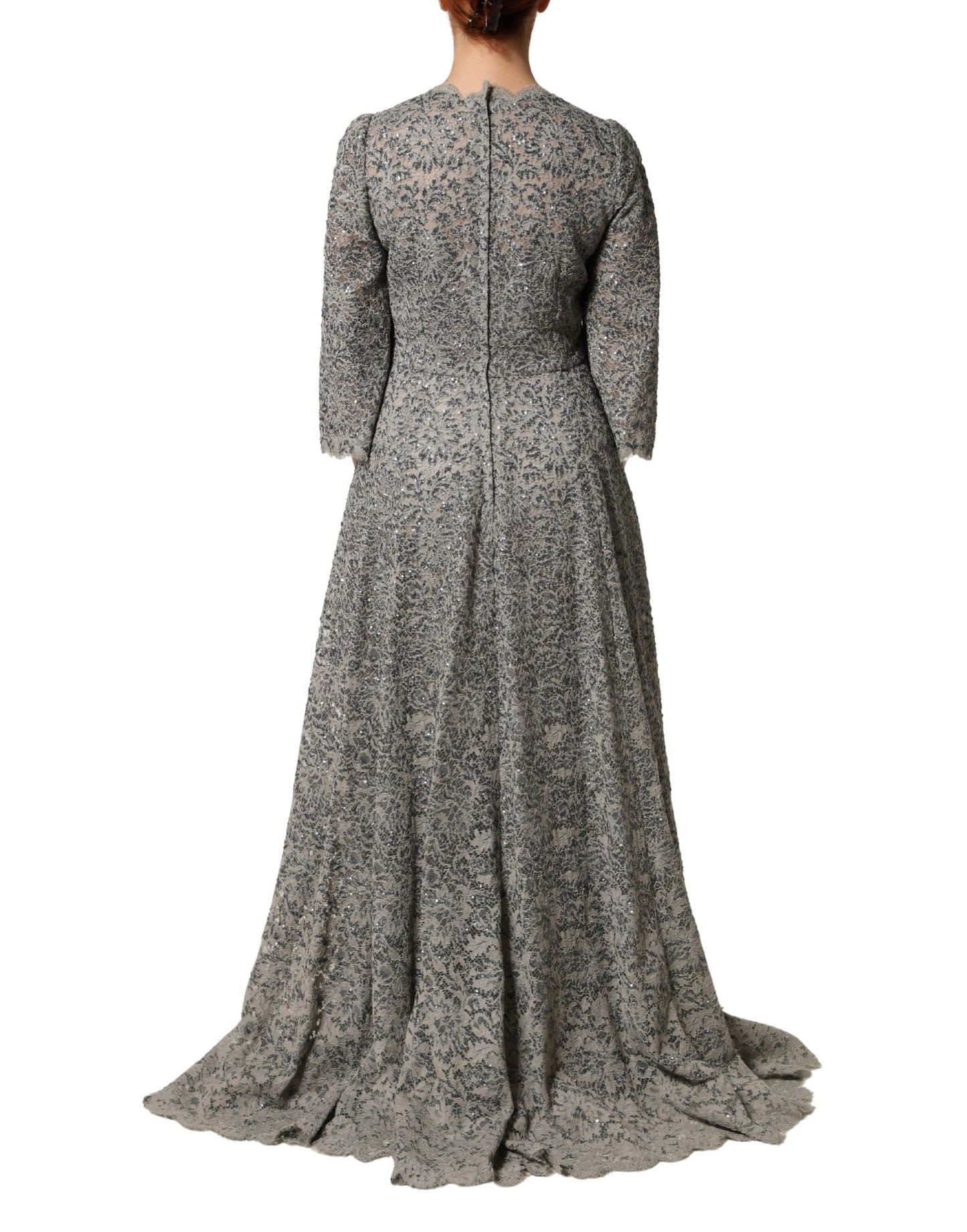Dolce & Gabbana Grey Lace Long Sleeves Sequin Gown