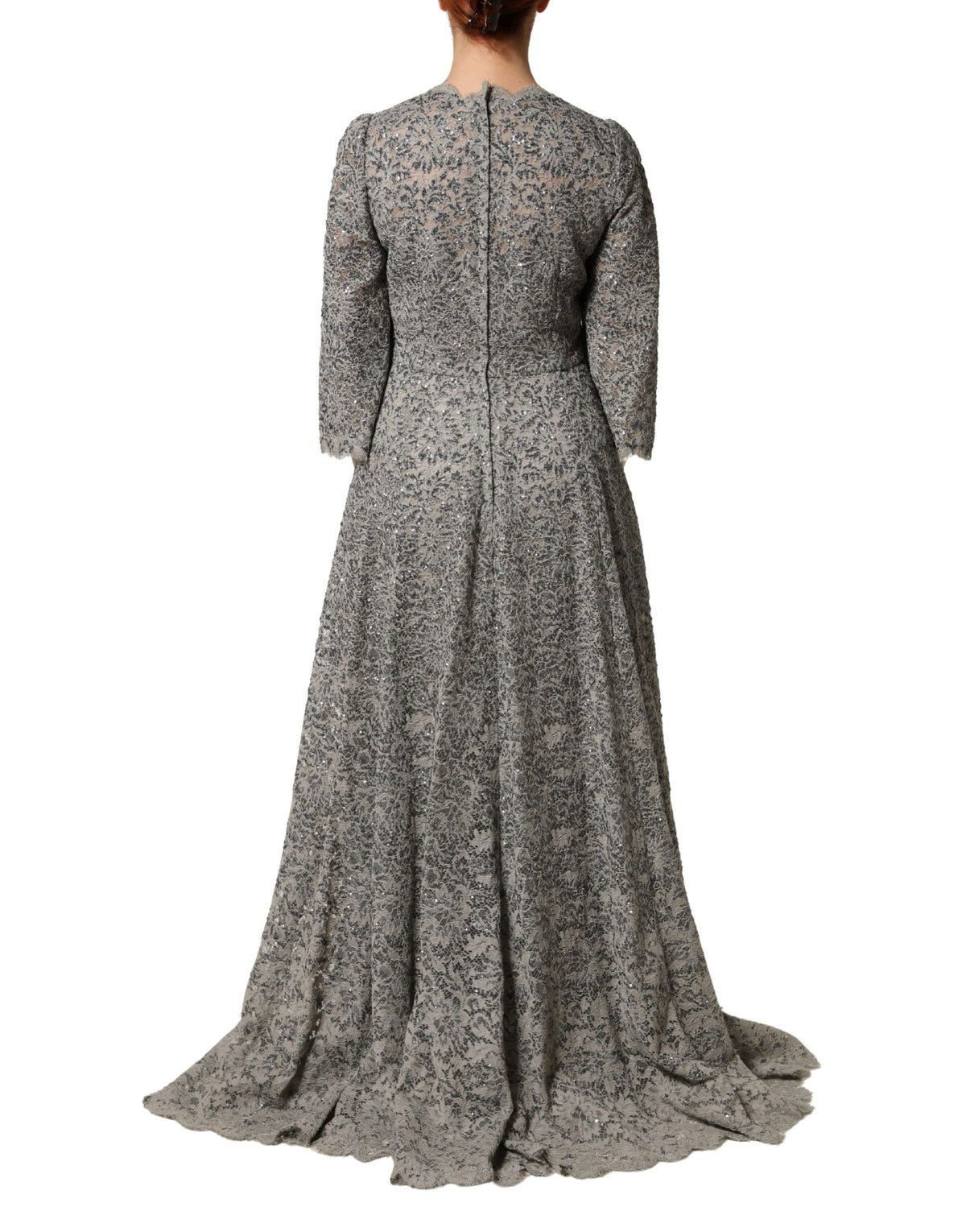 Dolce & Gabbana Grey Lace Long Sleeves Sequin Gown