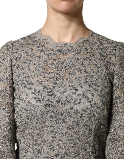 Dolce & Gabbana Grey Lace Long Sleeves Sequin Gown