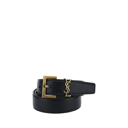 Saint Laurent Cassandre Thin Belt in Smooth Black Leather