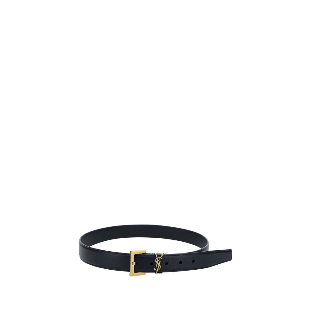 Saint Laurent Cassandre Thin Belt in Smooth Black Leather