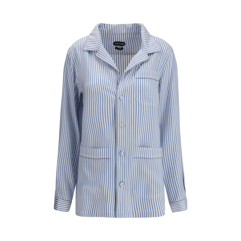 Tom Ford Blue & White Striped Silk Top Sleepwear