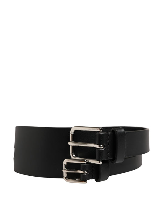 Dolce & Gabbana Black Double Strap Leather Silver Buckle Belt