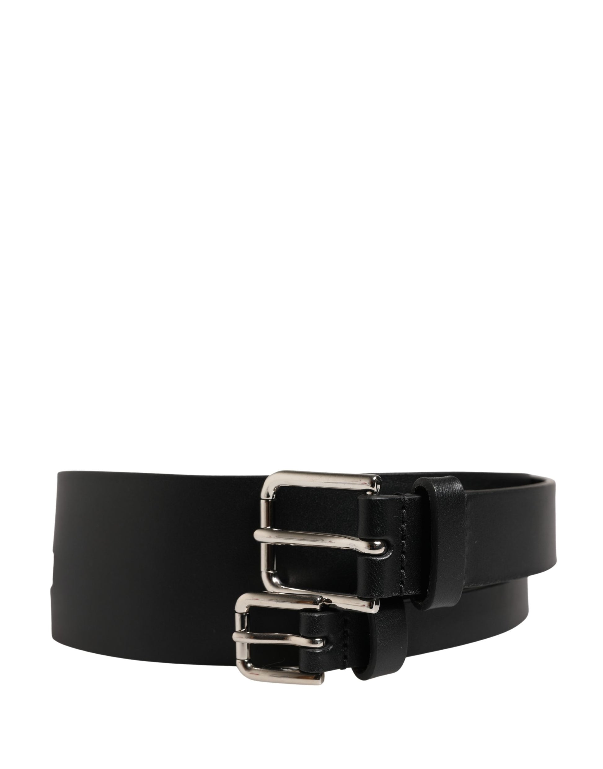 Dolce & Gabbana Black Double Strap Leather Silver Buckle Belt