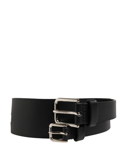 Dolce & Gabbana Black Double Strap Leather Silver Buckle Belt