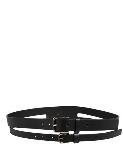 Dolce & Gabbana Black Double Strap Leather Silver Buckle Belt
