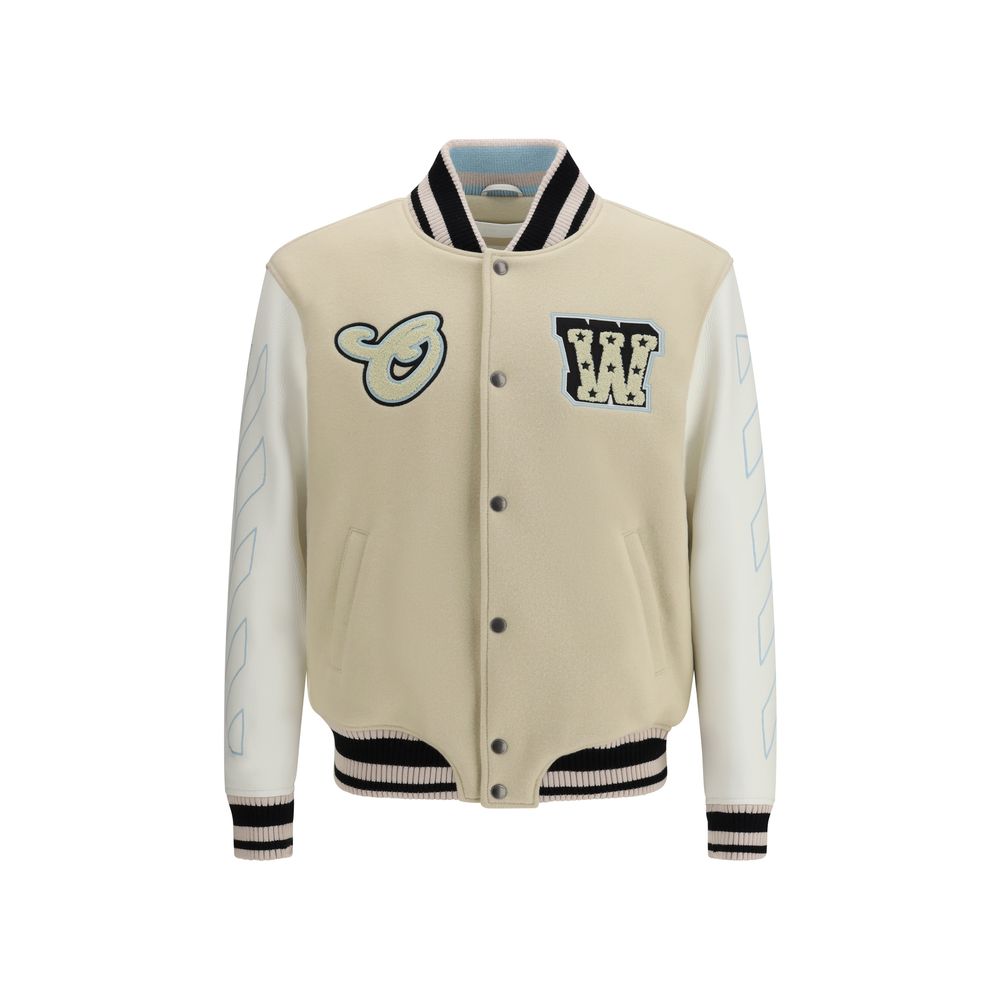 Off-White Beige Wool Bomber - Varsity Star Logo Jacket