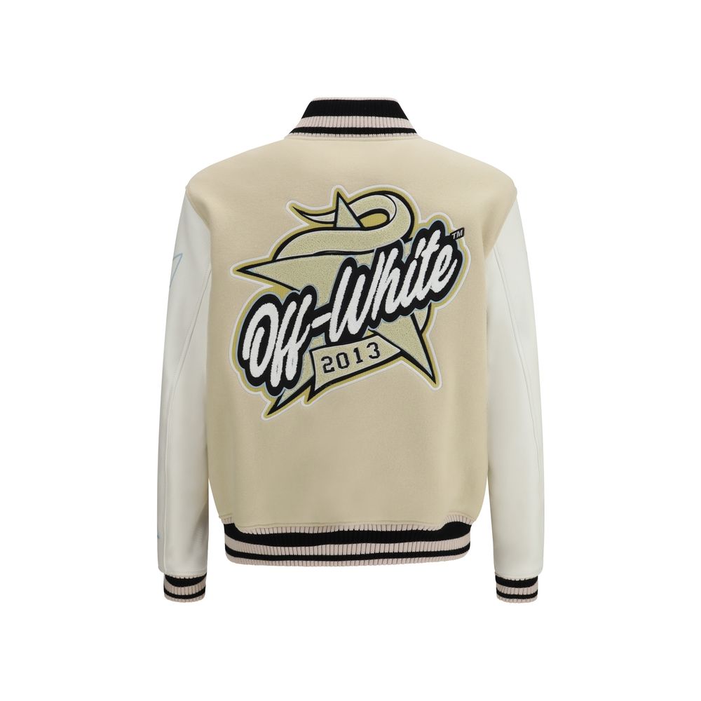 Off-White Beige Wool Bomber - Varsity Star Logo Jacket