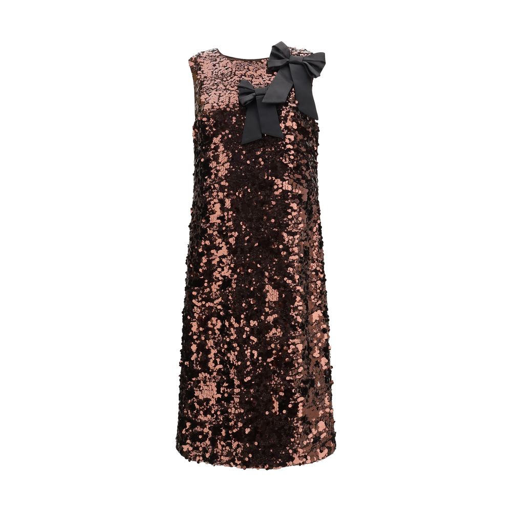 Ganni Brown Velvet Sequins Black Bow Midi Dress