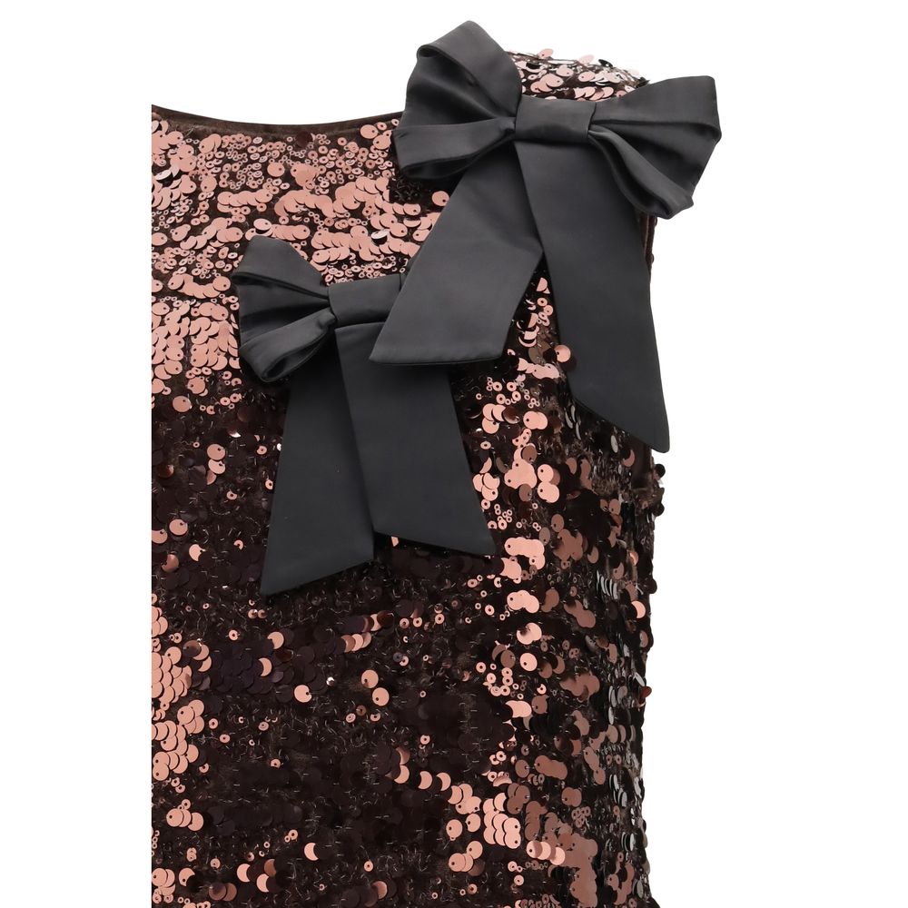 Ganni Brown Velvet Sequins Black Bow Midi Dress