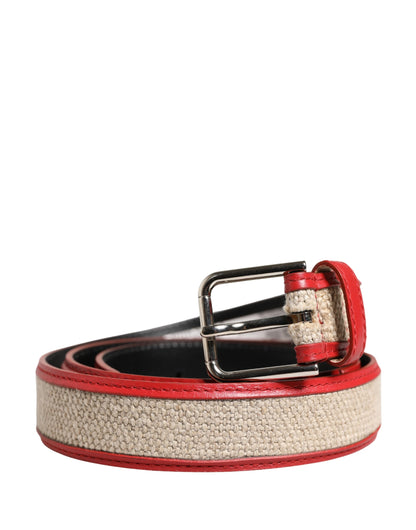 Dolce & Gabbana Men Beige & Red Woven Leather Metal Buckle Belt