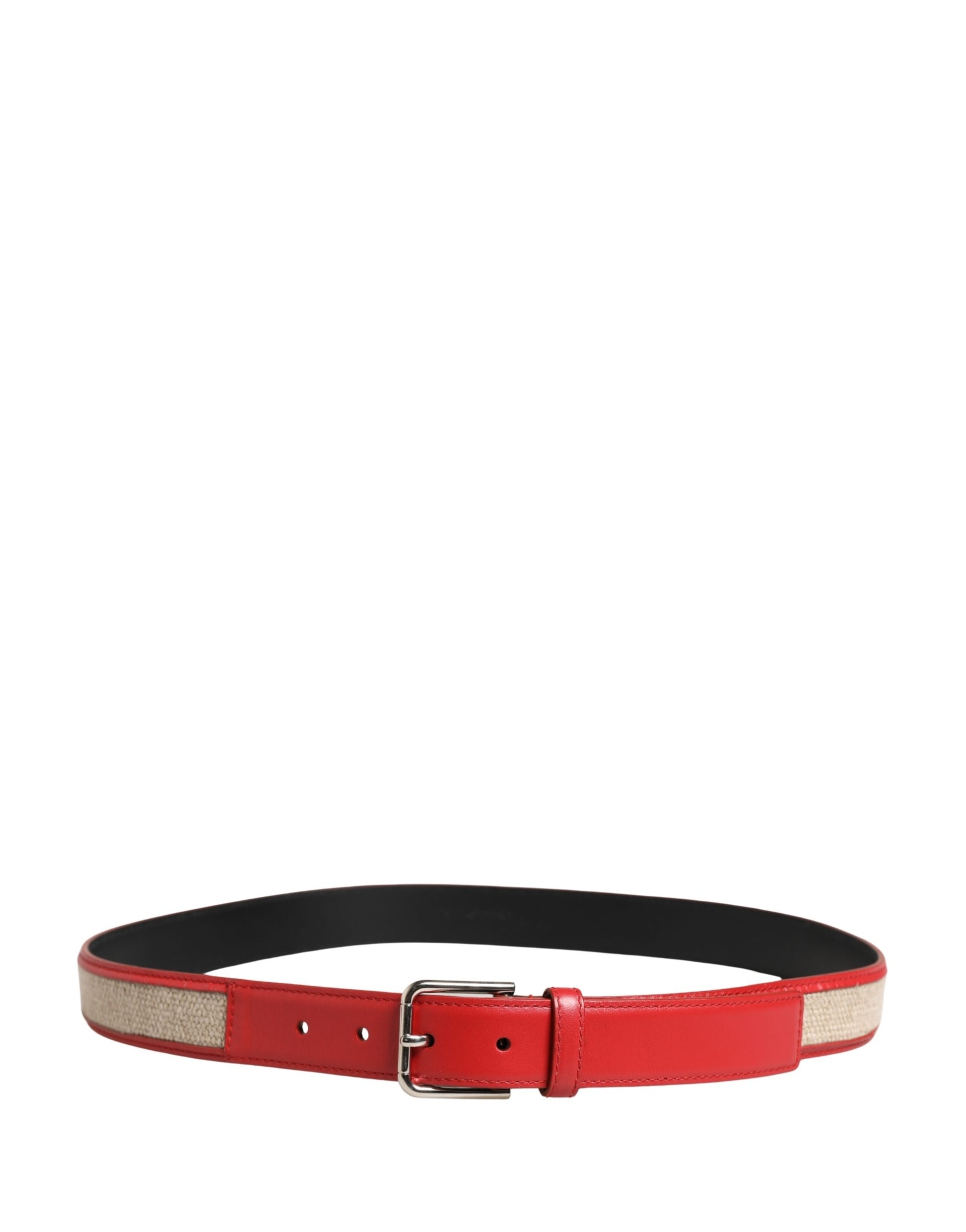 Dolce & Gabbana Men Beige & Red Woven Leather Metal Buckle Belt