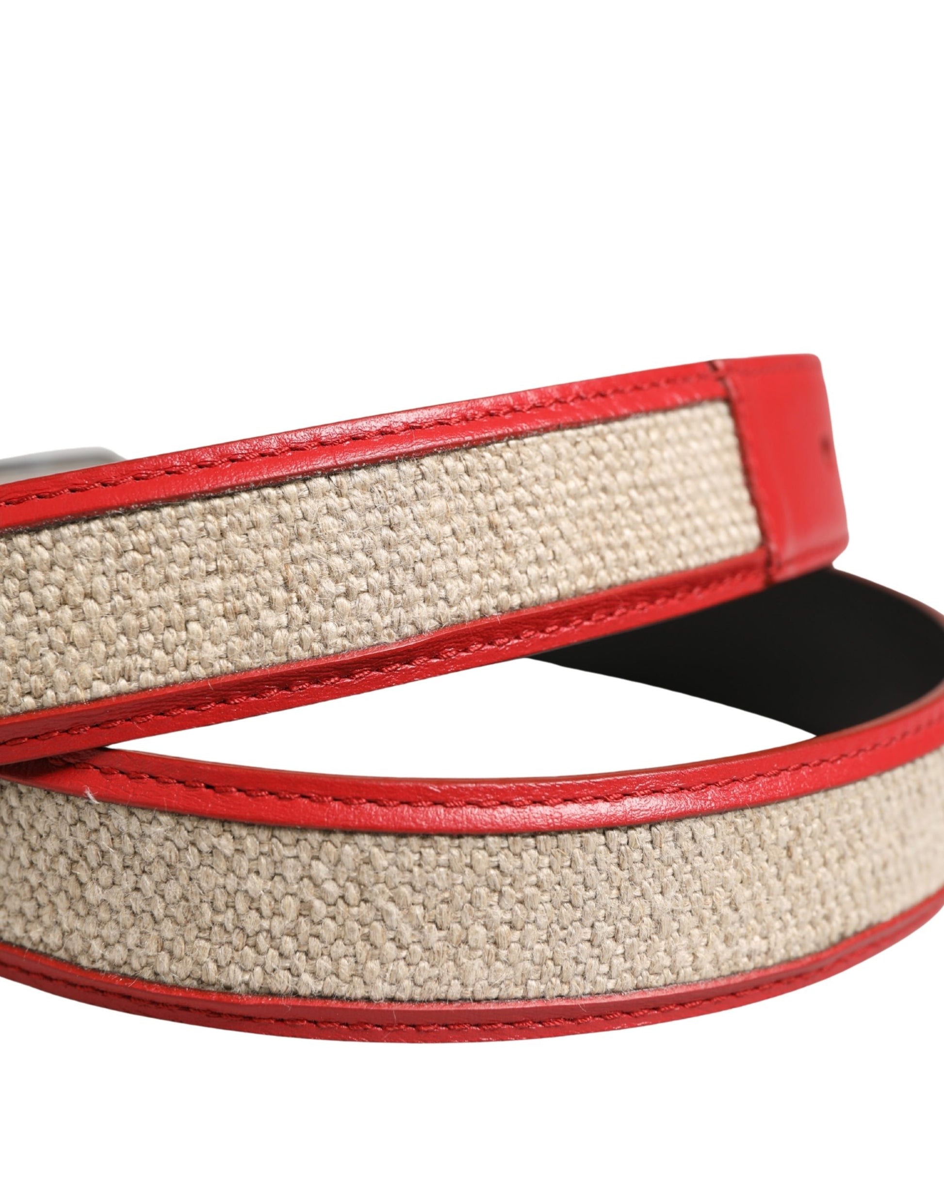 Dolce & Gabbana Men Beige & Red Woven Leather Metal Buckle Belt
