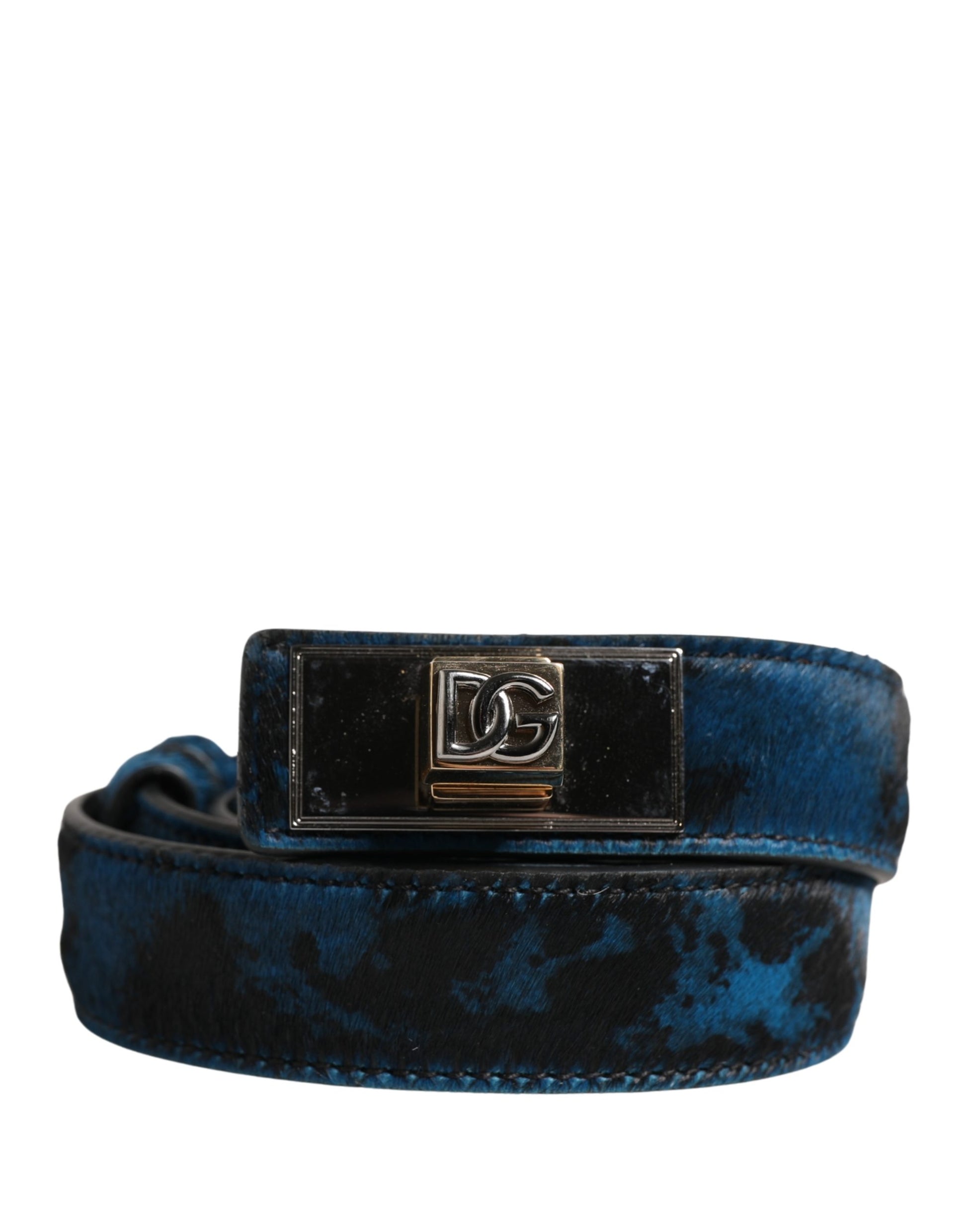 Dolce & Gabbana Men Blue Animal Print Calf Leather Logo Metal Buckle Belt