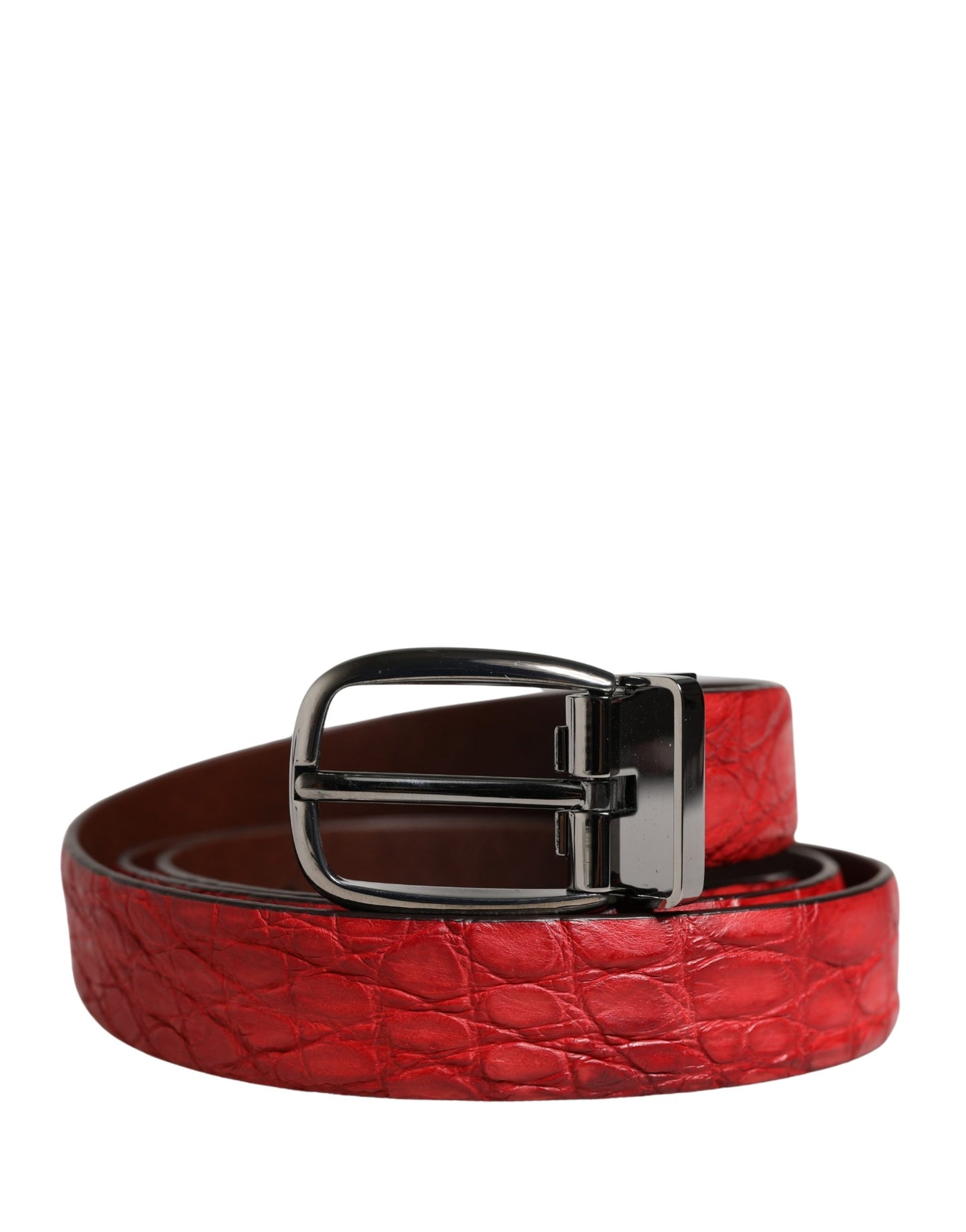 Dolce & Gabbana Men Red Exotic Leather Metal Buckle Belt - check