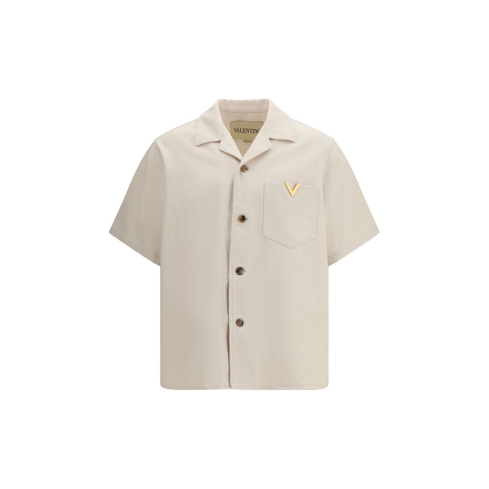 Valentino Beige Denim Shirt - Signature Vlogo Bowling Shirt