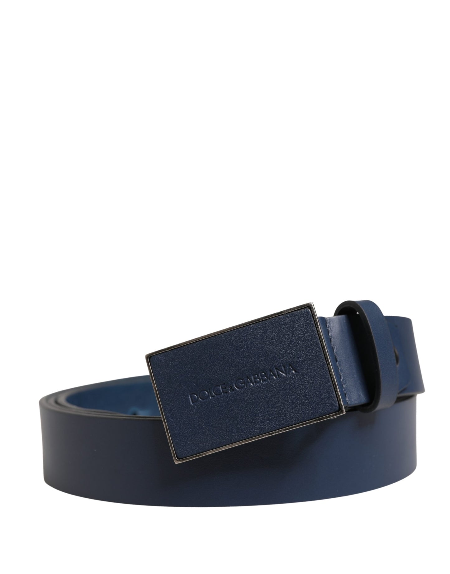 Dolce & Gabbana Blue Calf Leather Logo Metal Buckle Belt