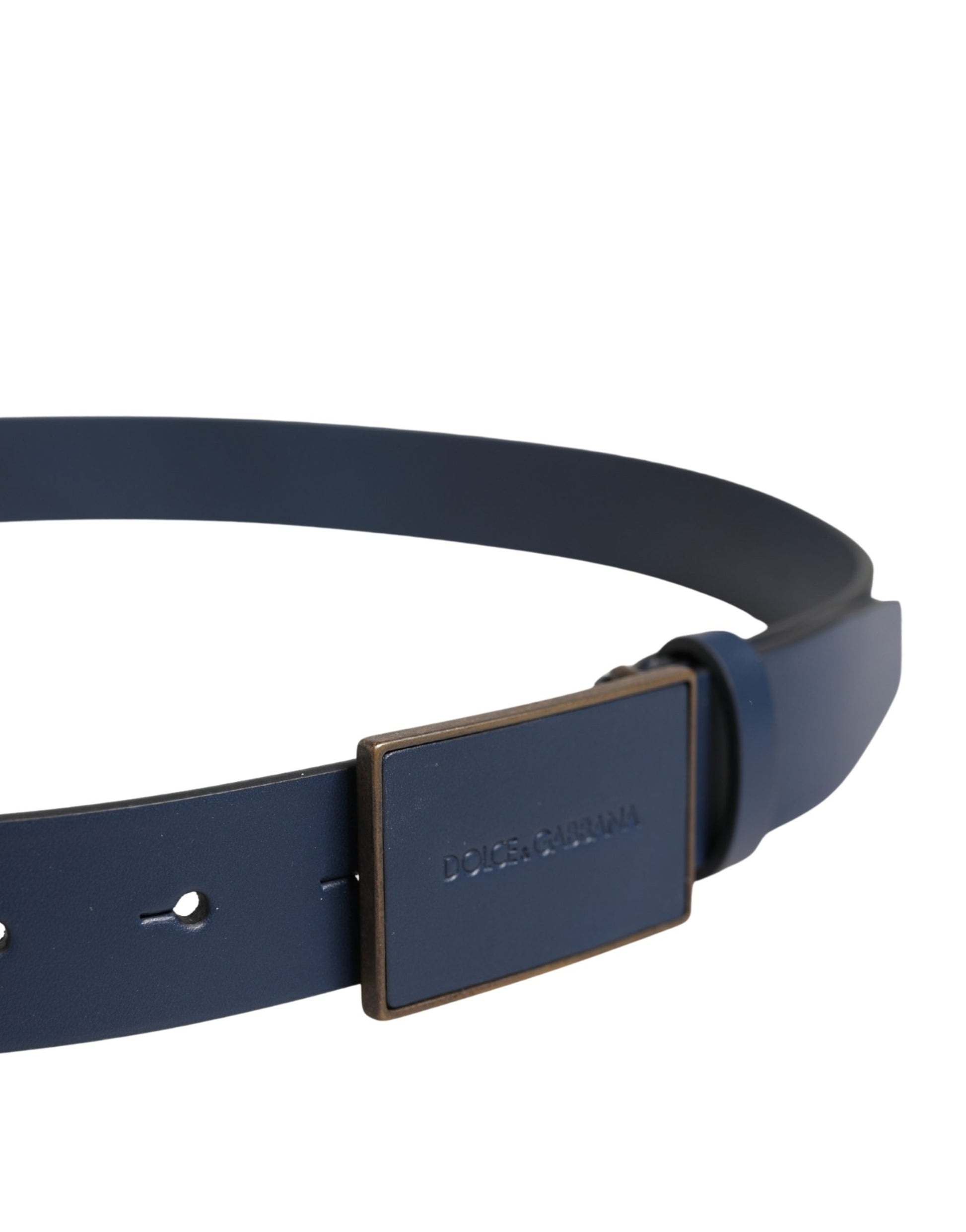 Dolce & Gabbana Blue Calfskin Leather Logo Metal Buckle Belt - check
