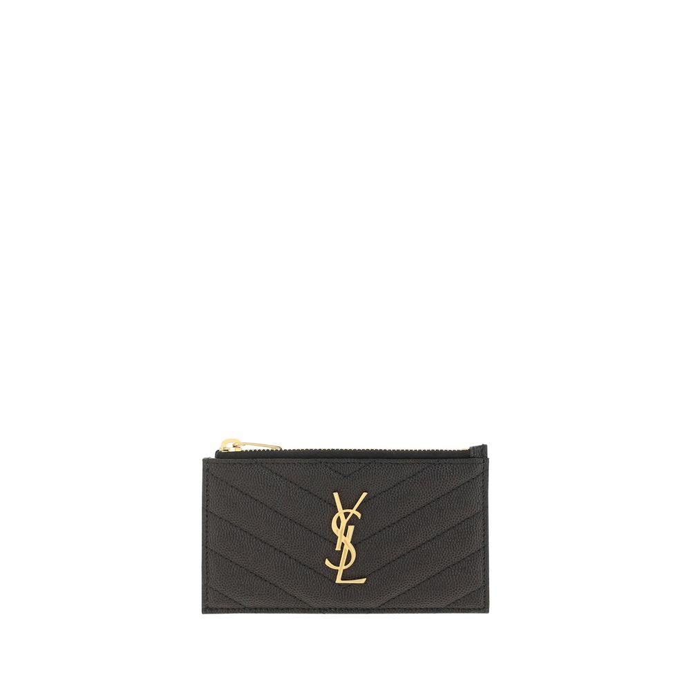 Saint Laurent Black Calf Leather Cassandre Matelassé Fragments Zipped Card Case Holder
