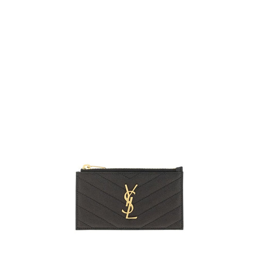 Saint Laurent Black Calf Leather Cassandre Matelassé Fragments Zipped Card Case Holder