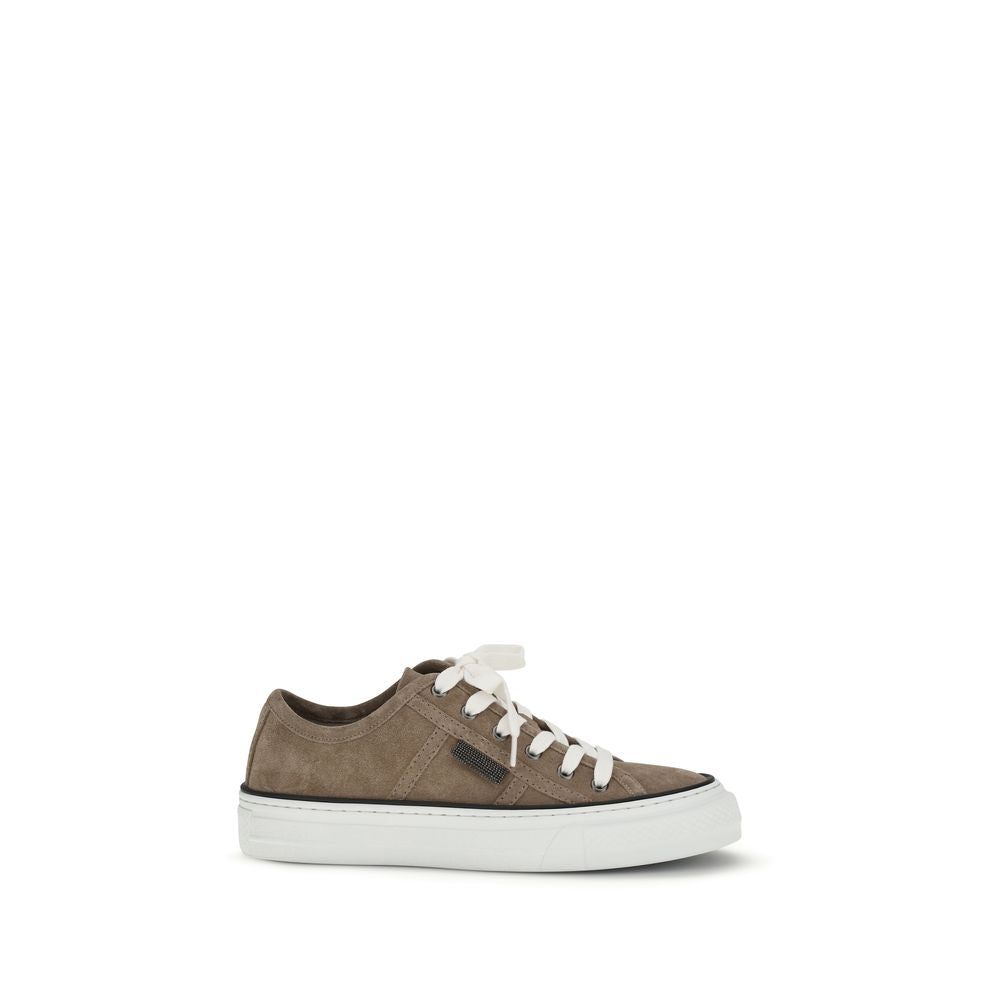 Brunello Cucinelli Beige Suede Monili-Embellished Sneakers