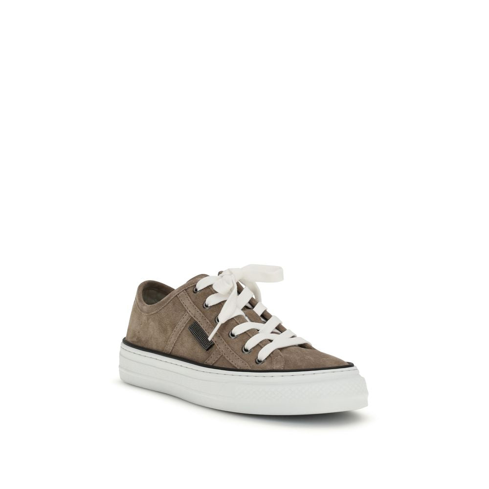 Brunello Cucinelli Beige Suede Monili-Embellished Sneakers