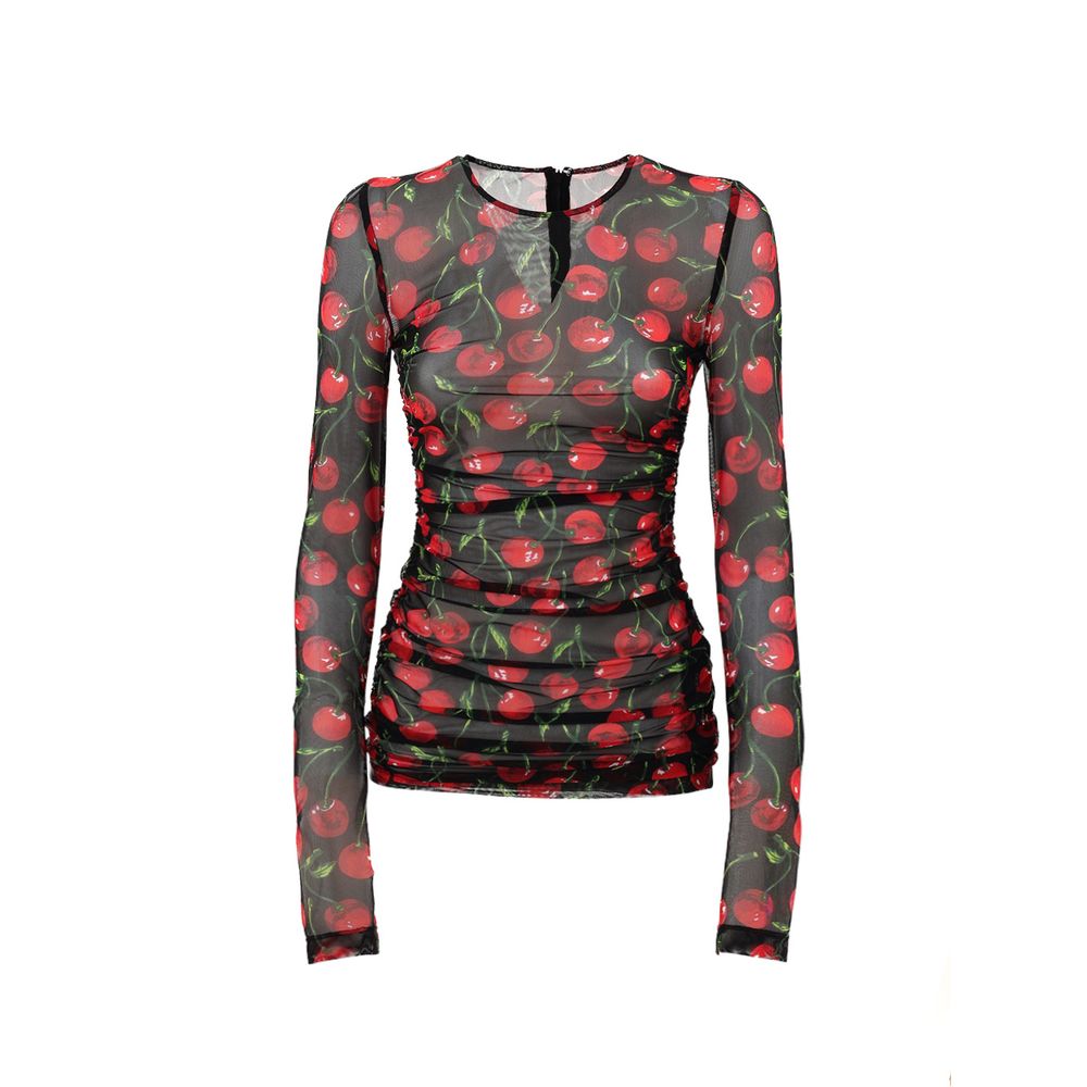 Dolce & Gabbana Black & Red Cherry Long Sleeved Mesh Top