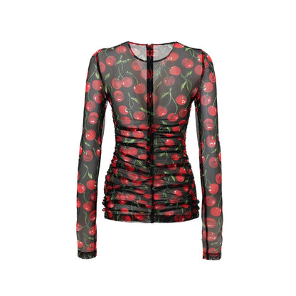 Dolce & Gabbana Black & Red Cherry Long Sleeved Mesh Top
