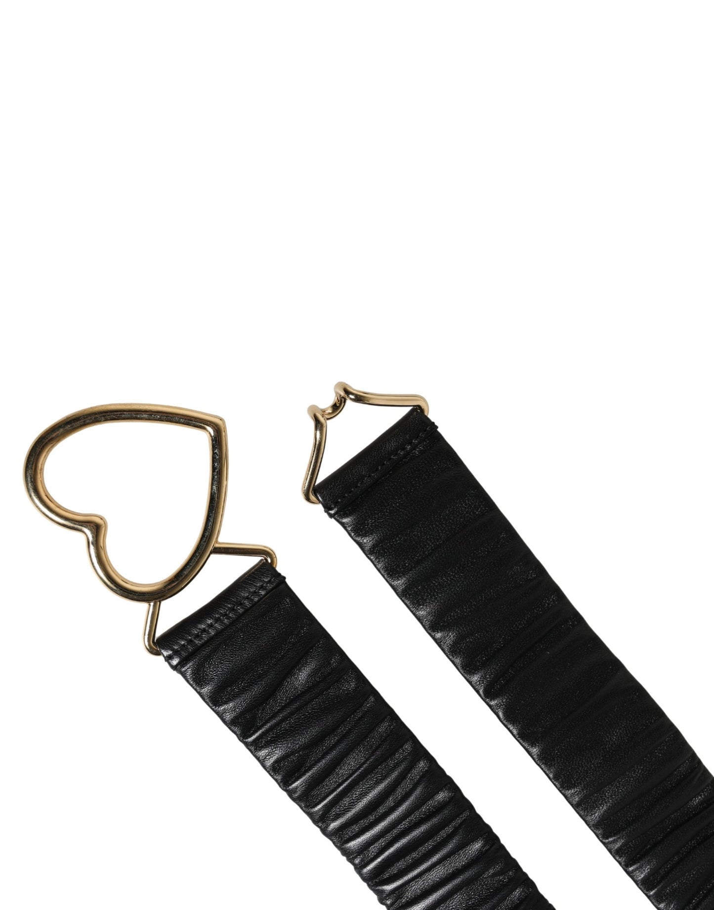 Dolce & Gabbana Black Ruched Leather Gold Heart Metal Buckle Belt