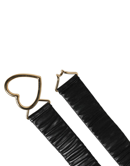 Dolce & Gabbana Black Ruched Leather Gold Heart Metal Buckle Belt