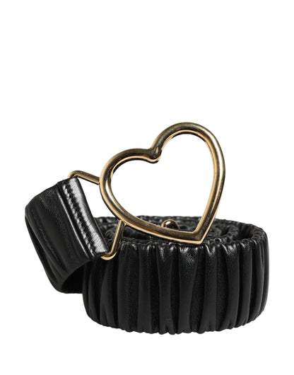 Dolce & Gabbana Black Ruched Leather Gold Heart Metal Buckle Belt