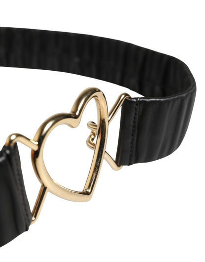 Dolce & Gabbana Black Ruched Leather Gold Heart Metal Buckle Belt