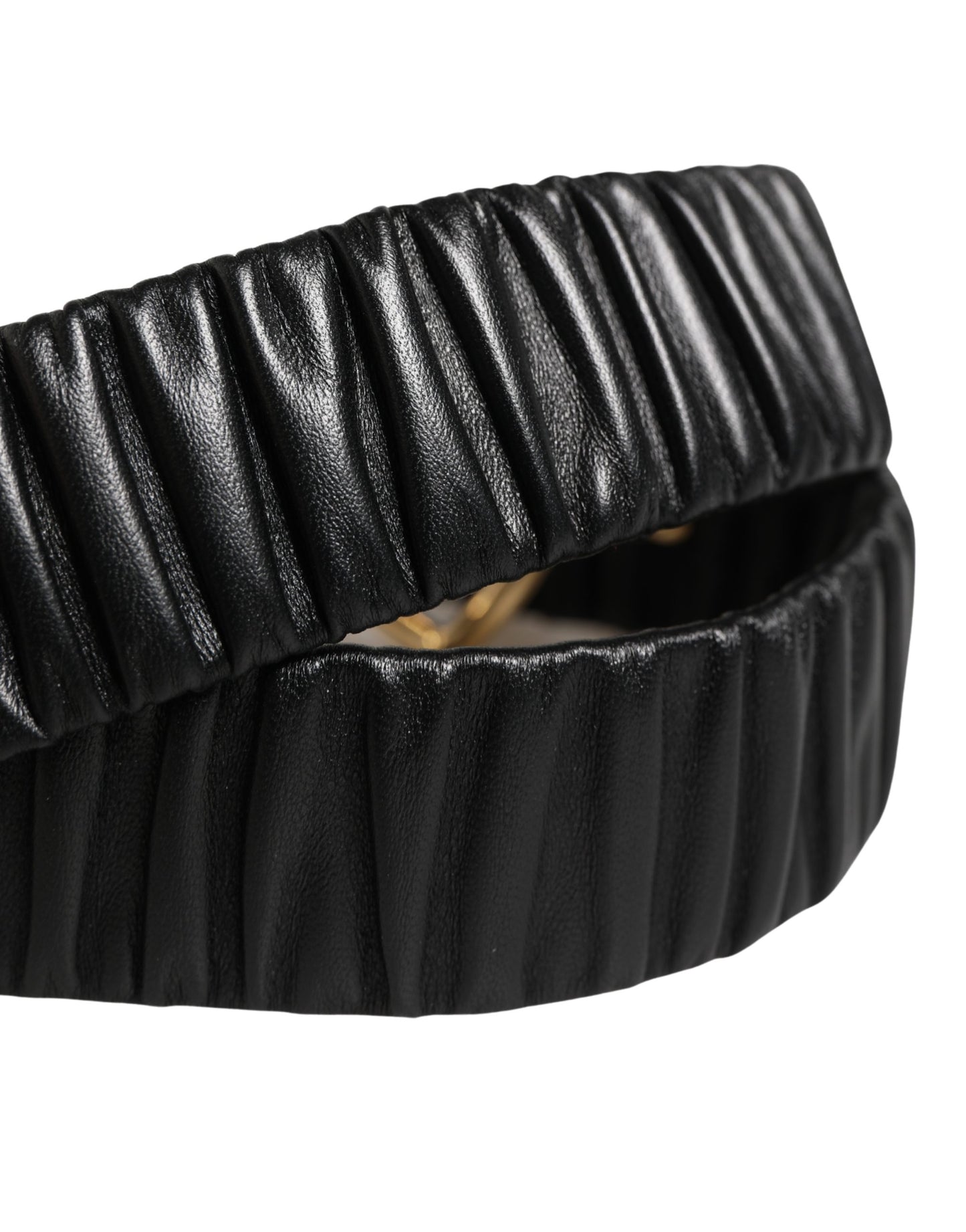 Dolce & Gabbana Black Ruched Leather Gold Heart Metal Buckle Belt