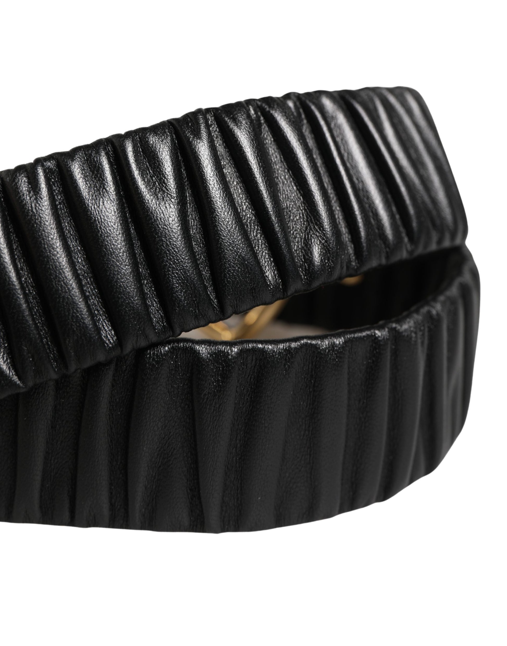 Dolce & Gabbana Black Ruched Leather Gold Heart Metal Buckle Belt