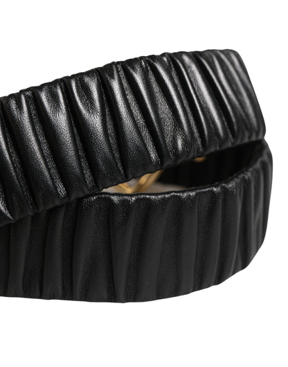 Dolce & Gabbana Black Ruched Leather Gold Heart Metal Buckle Belt