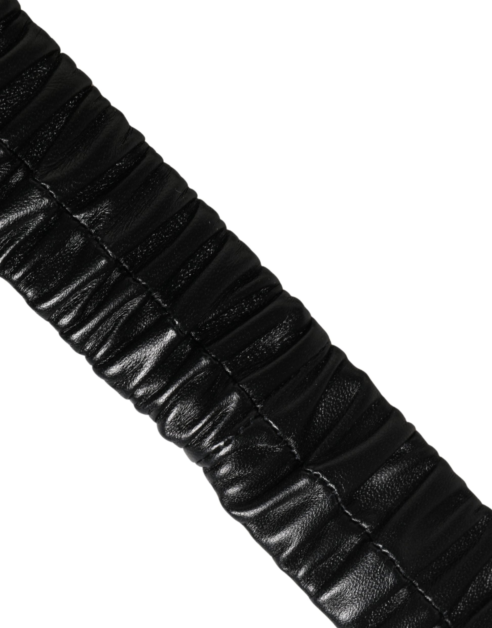 Dolce & Gabbana Black Ruched Leather Gold Heart Metal Buckle Belt