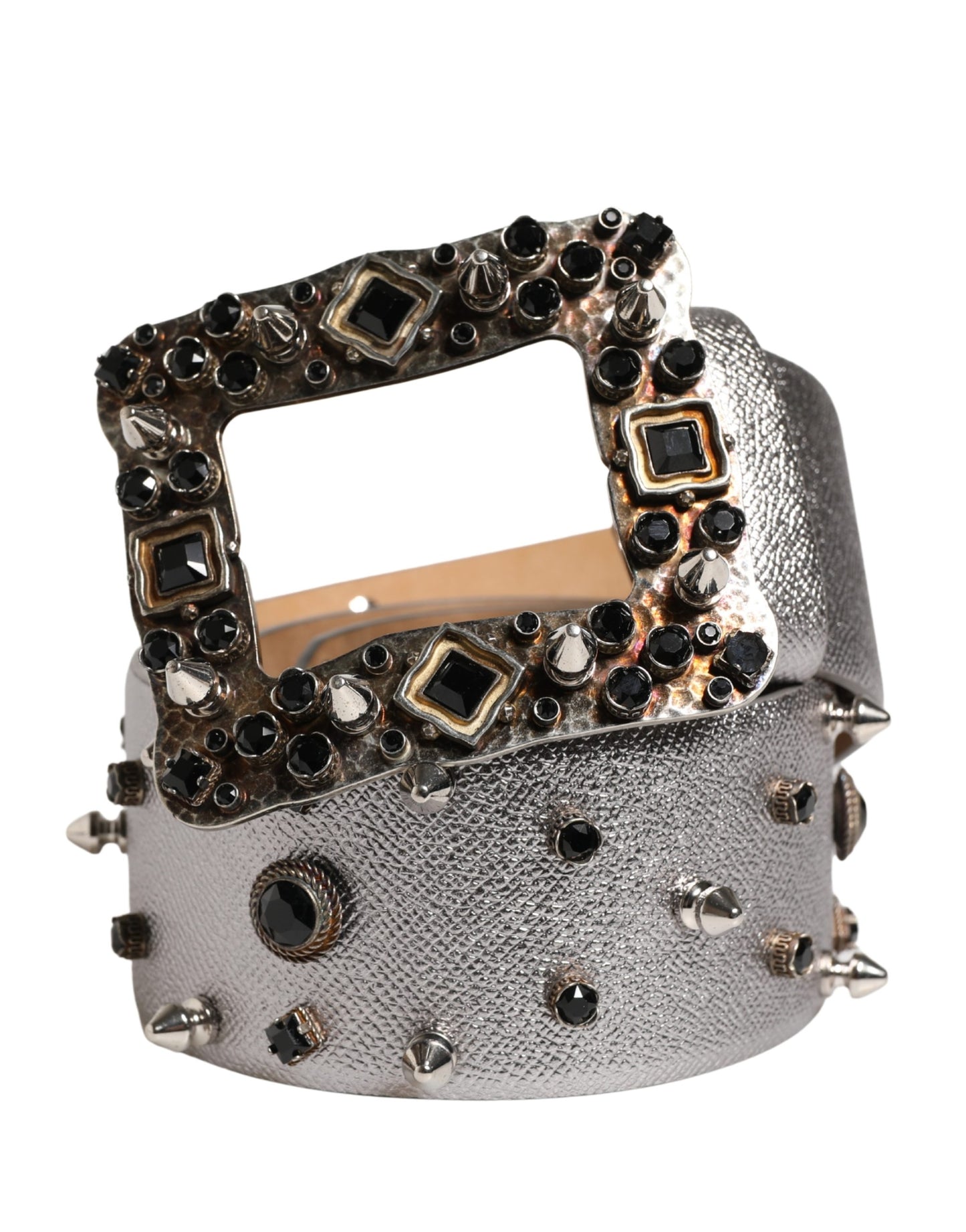 Dolce & Gabbana Silver Leather Studded Crystal Metal Buckle Belt