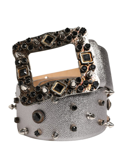 Dolce & Gabbana Silver Leather Studded Crystal Metal Buckle Belt