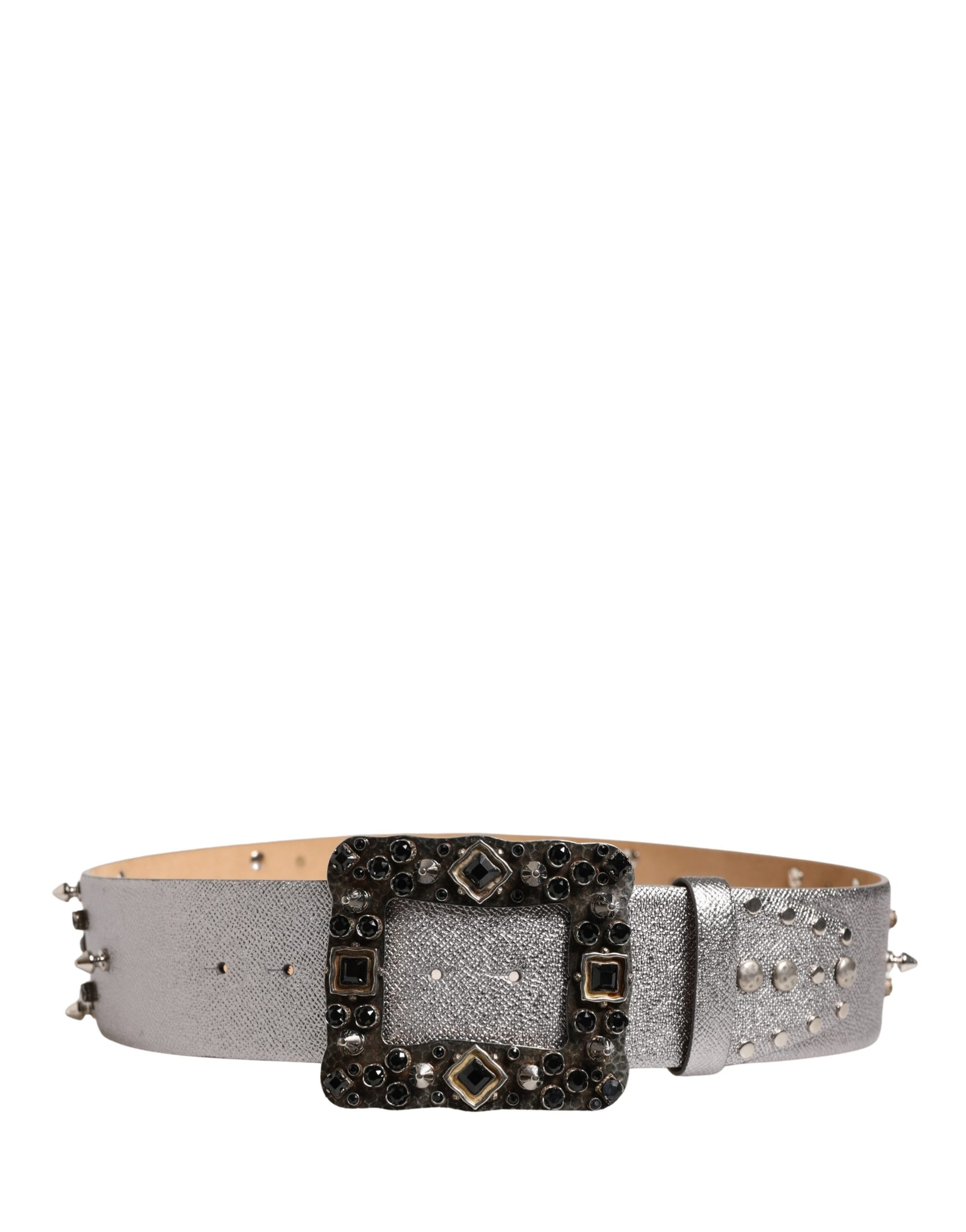 Dolce & Gabbana Silver Leather Studded Crystal Metal Buckle Belt