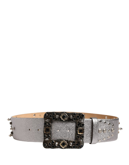 Dolce & Gabbana Silver Leather Studded Crystal Metal Buckle Belt