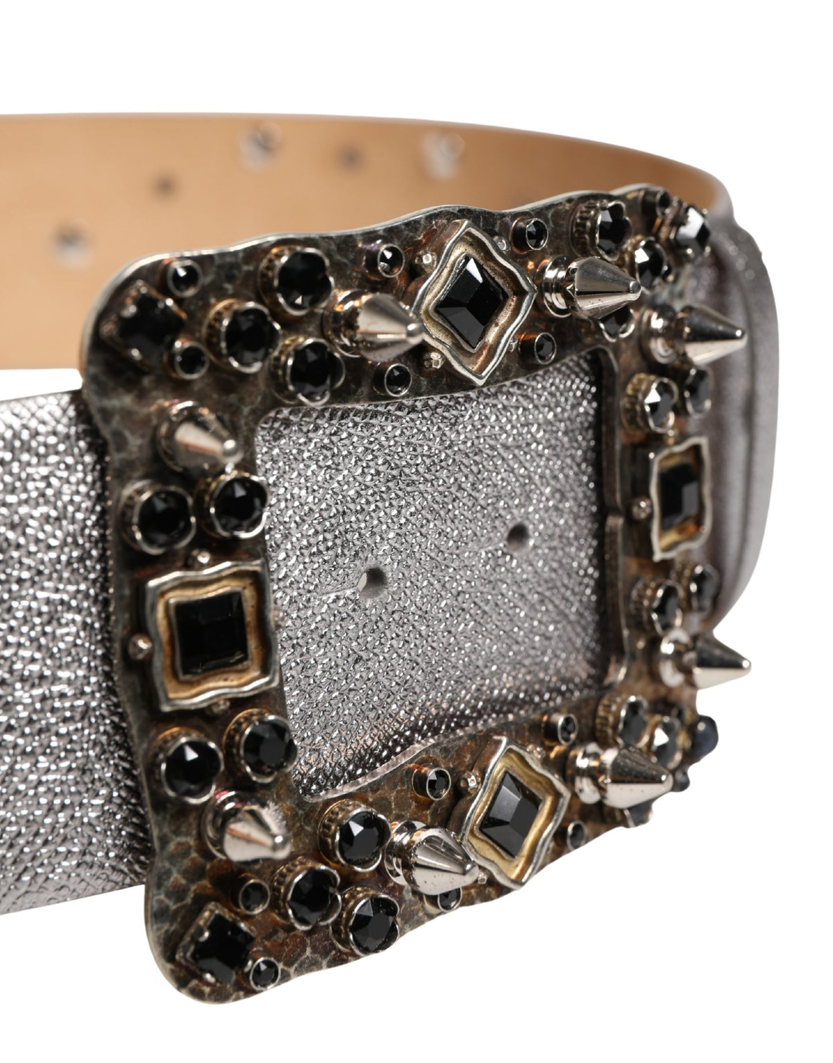 Dolce & Gabbana Silver Leather Studded Crystal Metal Buckle Belt