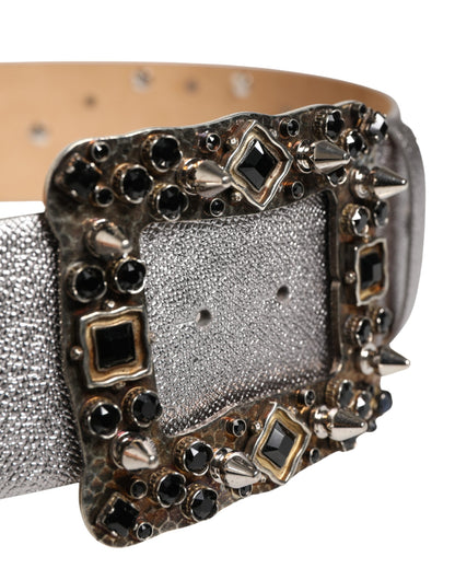 Dolce & Gabbana Silver Leather Studded Crystal Metal Buckle Belt