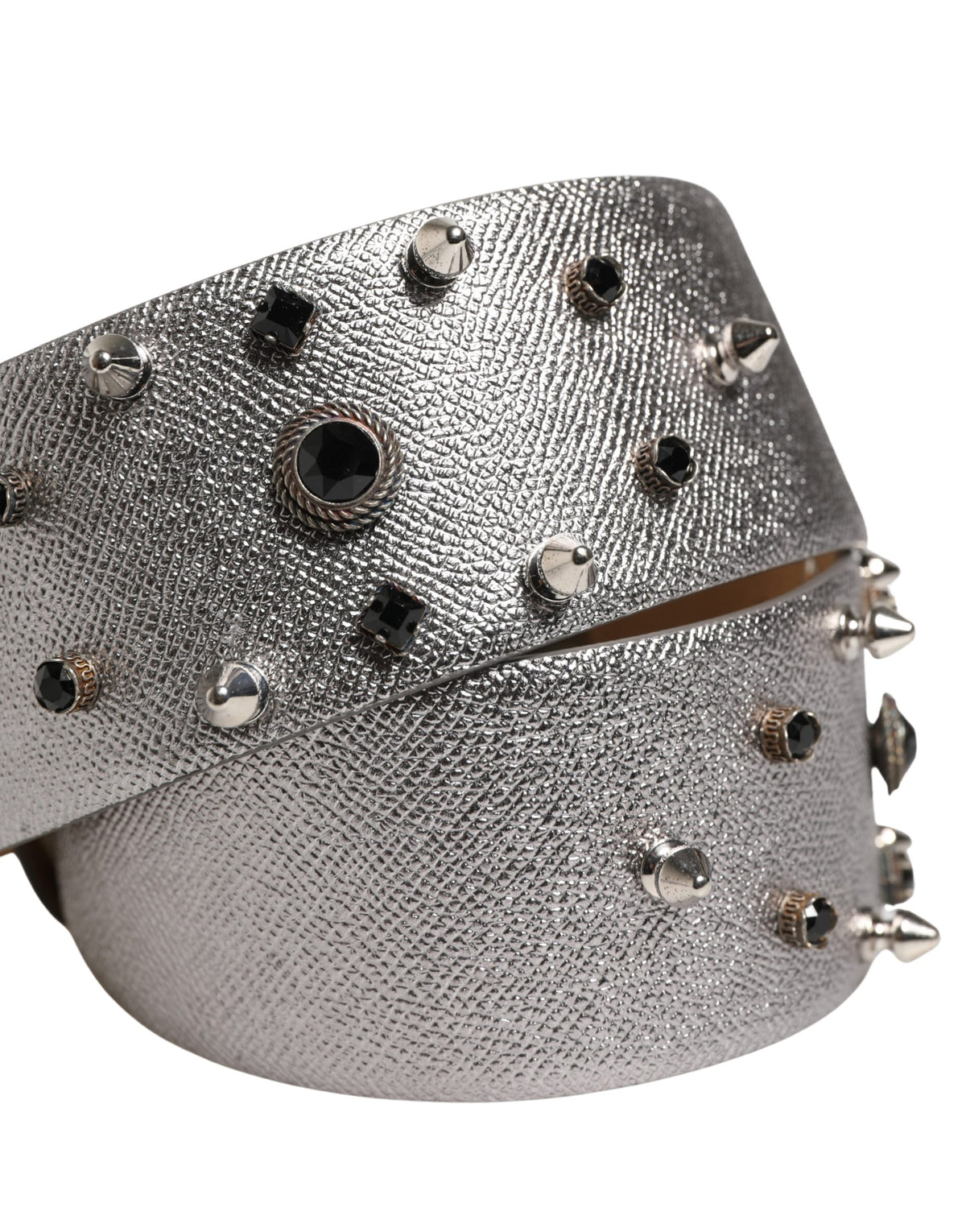 Dolce & Gabbana Silver Leather Studded Crystal Metal Buckle Belt