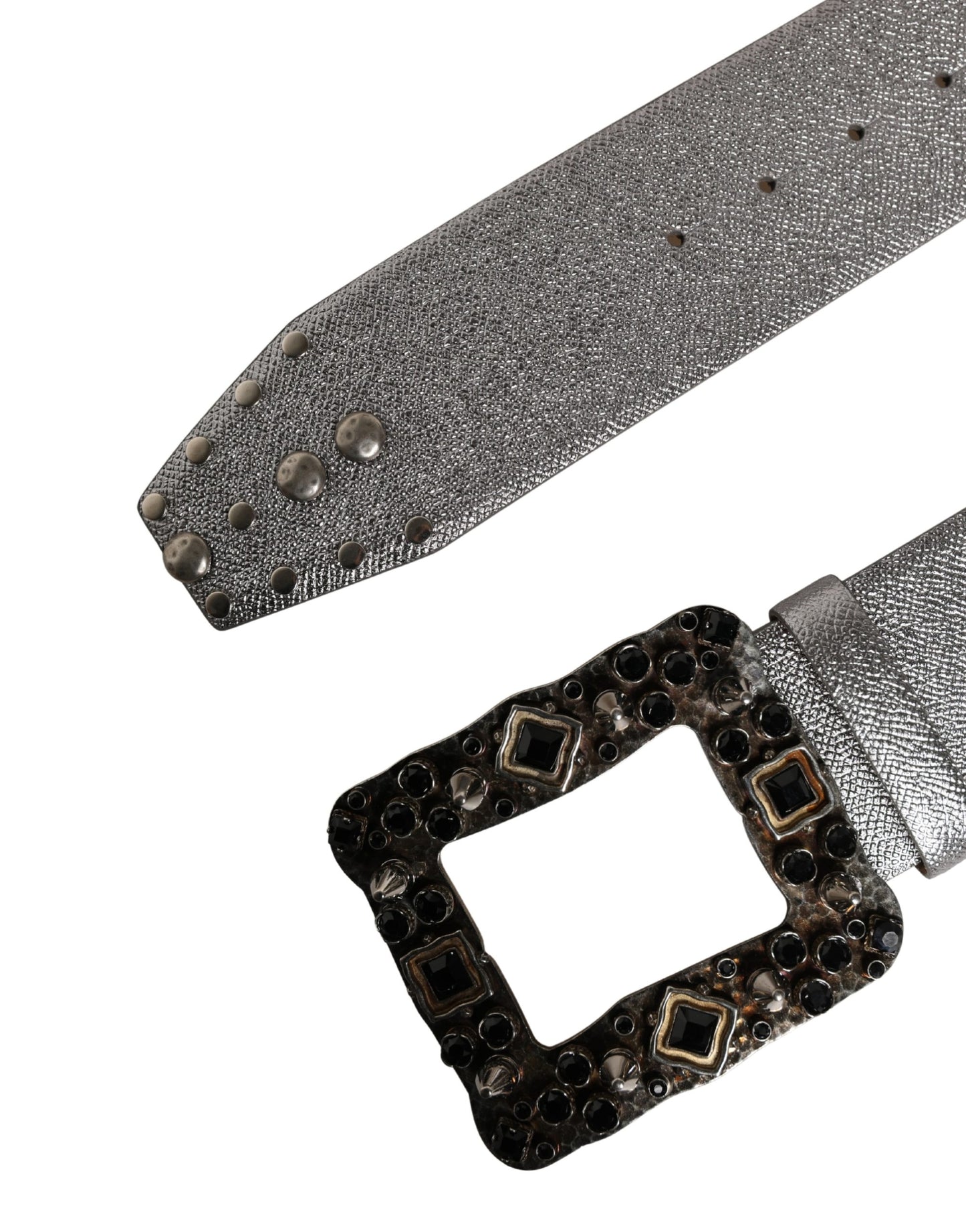 Dolce & Gabbana Silver Leather Studded Crystal Metal Buckle Belt