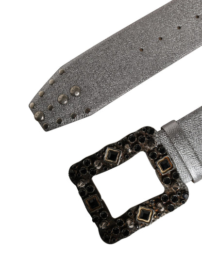 Dolce & Gabbana Silver Leather Studded Crystal Metal Buckle Belt